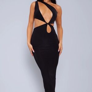 Black Slinky One Shoulder Asymmetric Cut Out Midaxi Dress